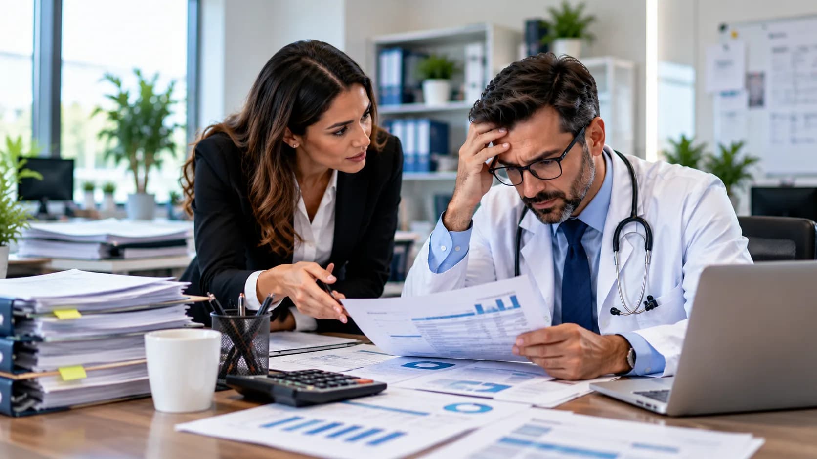 A practice administrator reviews cost and staffing paperwork in a medical office setting.
