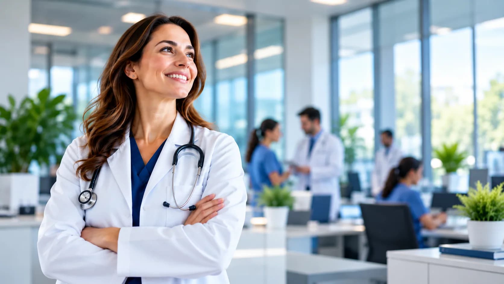 A smiling physician in a white coat stands with arms crossed in a bright clinic while colleagues work in the background.