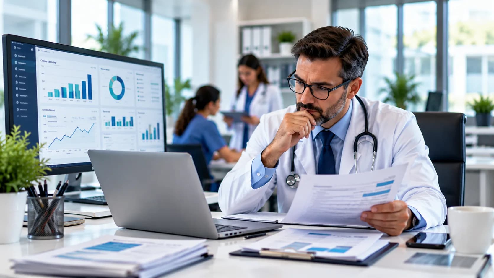 A practice leader reviews operational reports with a colleague in a modern medical office.