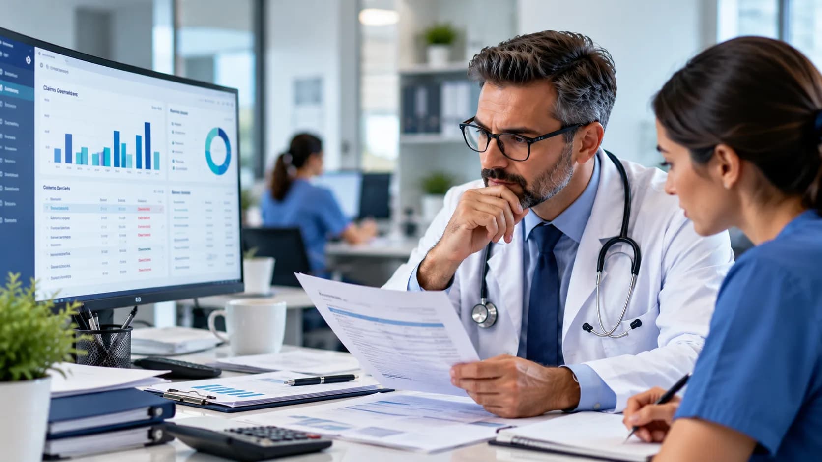 A revenue-cycle professional reviews billing reports on a computer while focused on claims and payments.