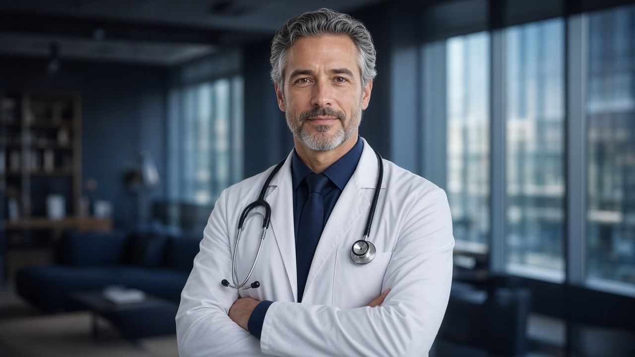 A physician in a white coat stands with arms crossed in a modern medical office.