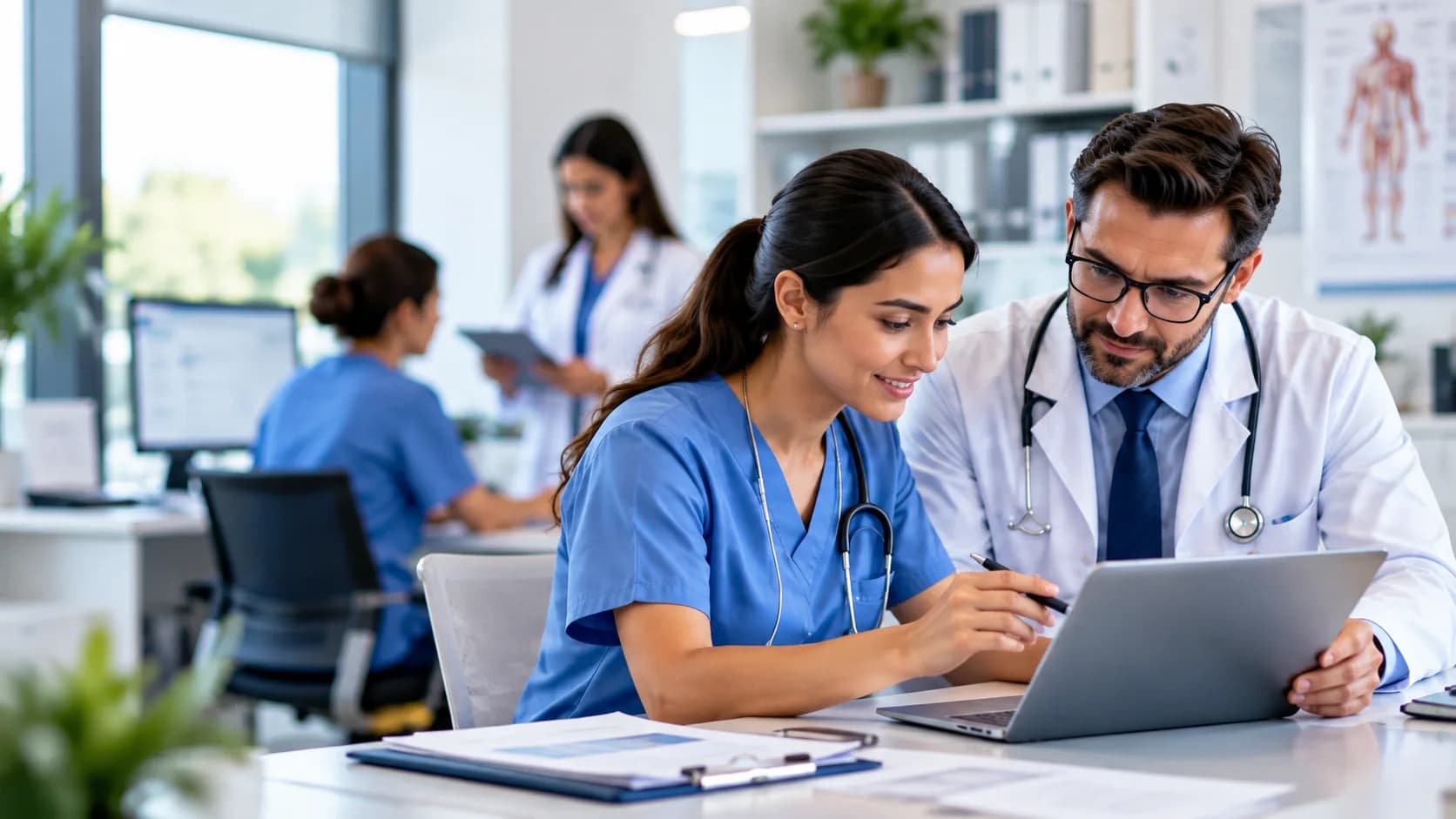 A clinician reviews a chart on a tablet while a colleague works nearby in a modern medical office.