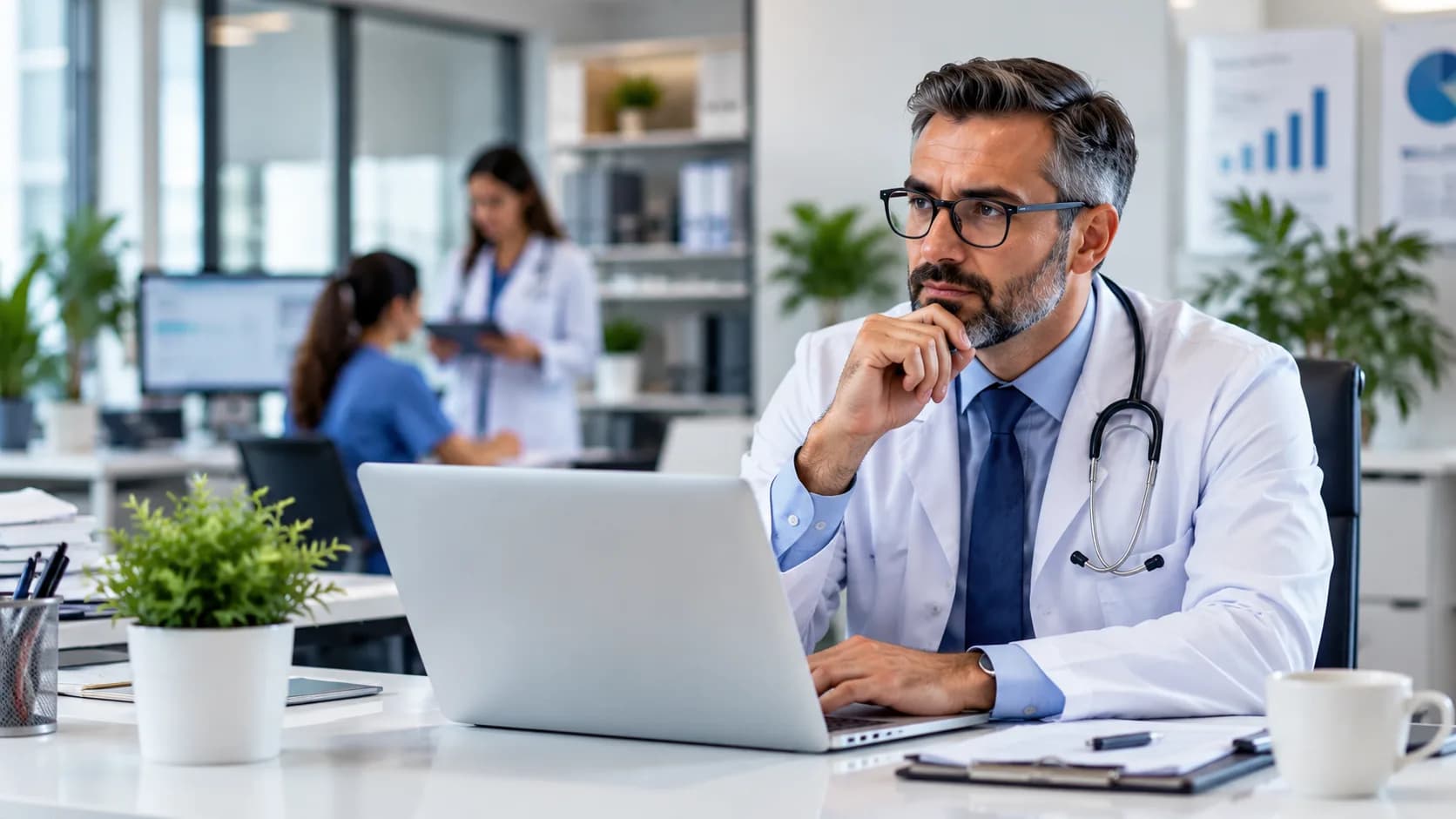 A physician in a white coat stands in a busy clinic hallway while colleagues work at stations behind him.