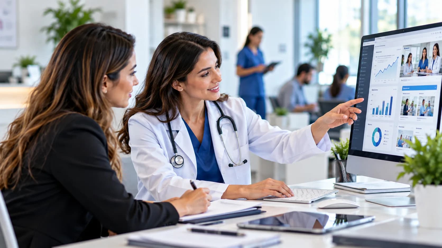 A smiling clinician speaks with a patient in a bright practice setting focused on growth and access.